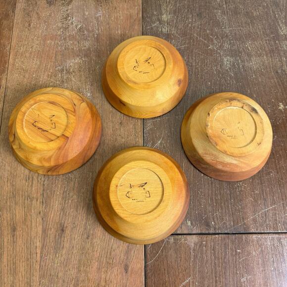 Set of 4 Woodpecker Woodware Japan Wooden Serving Dinnerware Bowls MCM - Picture 4 of 6